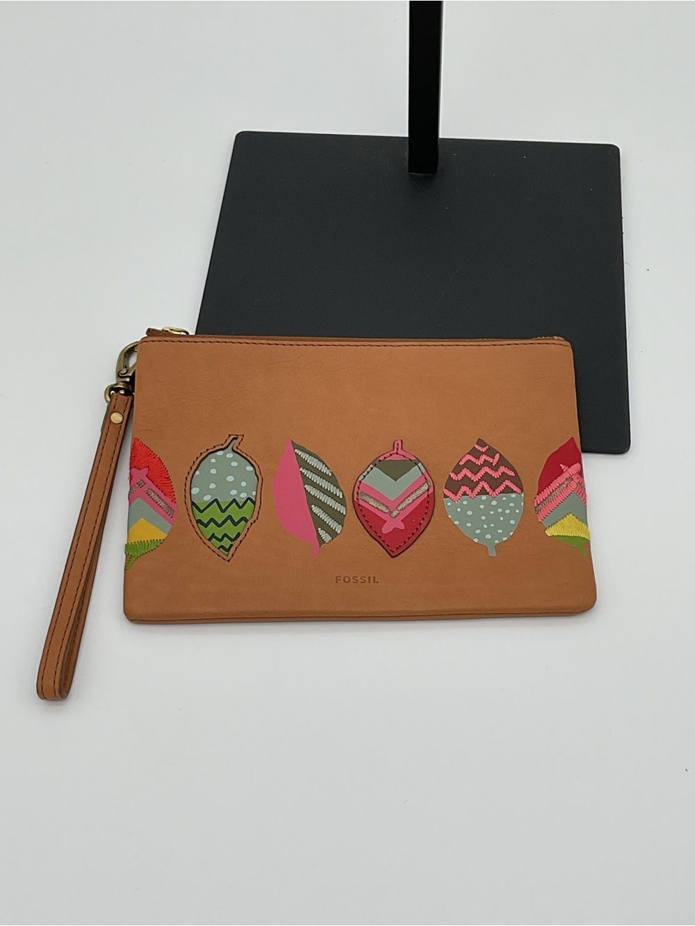 Fossil Tan Leather Wristlet Clutch with Multicolor Leaf Appliqués